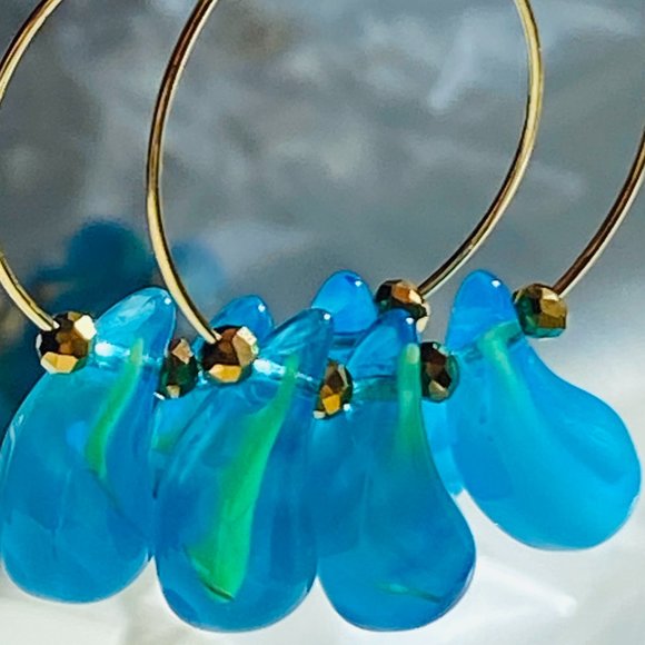Maren Mehnert Design Jewelry - Lampwork Turquoise Teardrop Glass on Gold Plated Hoops